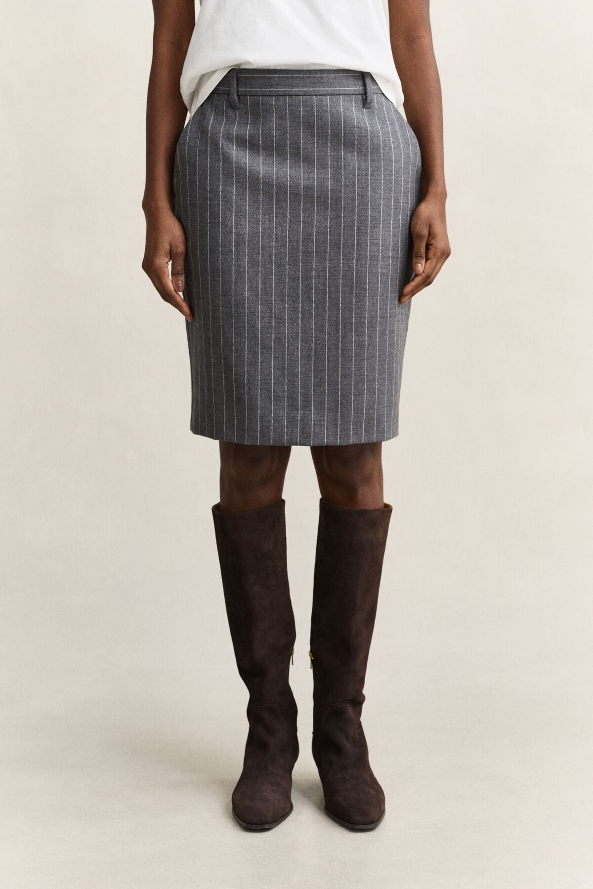 Pinstriped Wool Pencil Skirt — CHARCOAL MELANGE