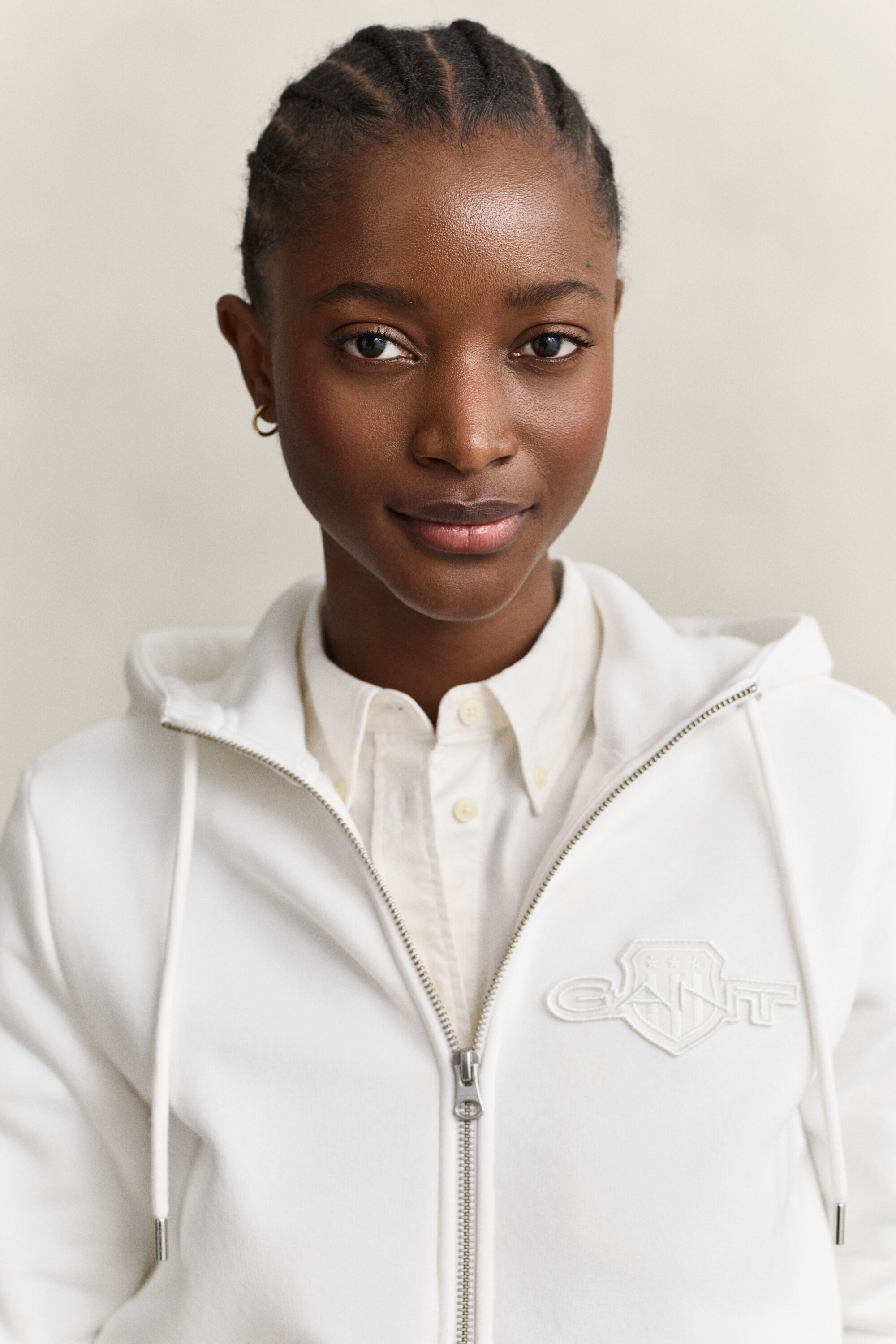 Tonal Shield Zip Hoodie — EGGSHELL