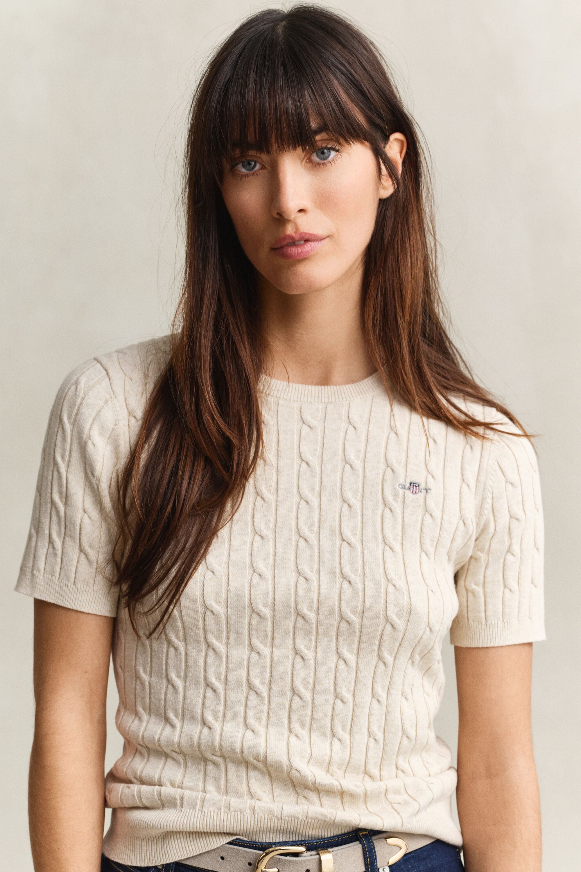 Stretch Cotton Cable Knit Short Sleeve Sweater