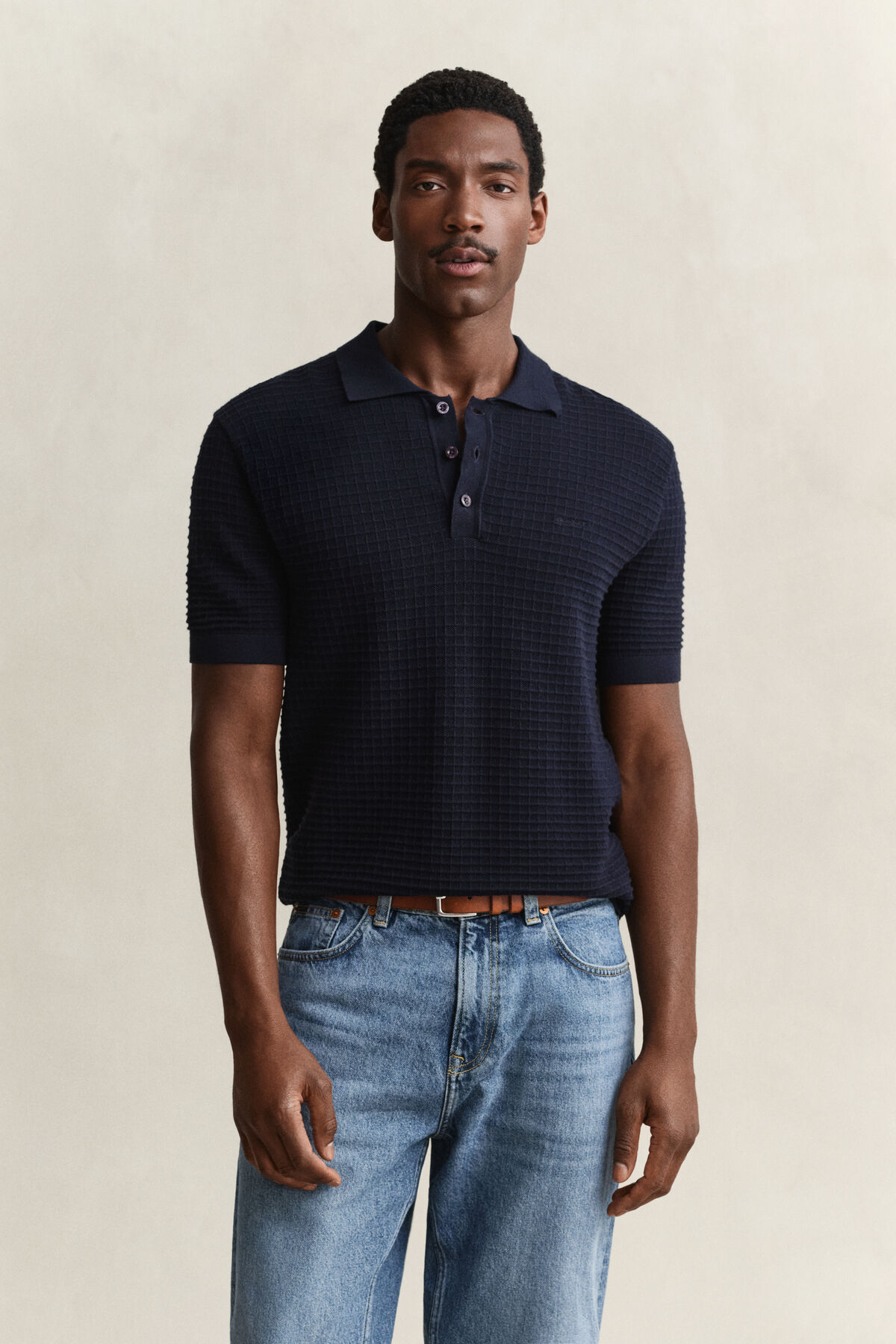 Textured Polo Sweater — EVENING BLUE