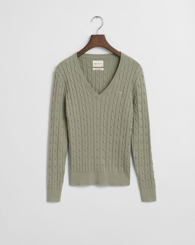 Stretch Cotton Cable Knit V-Neck Sweater