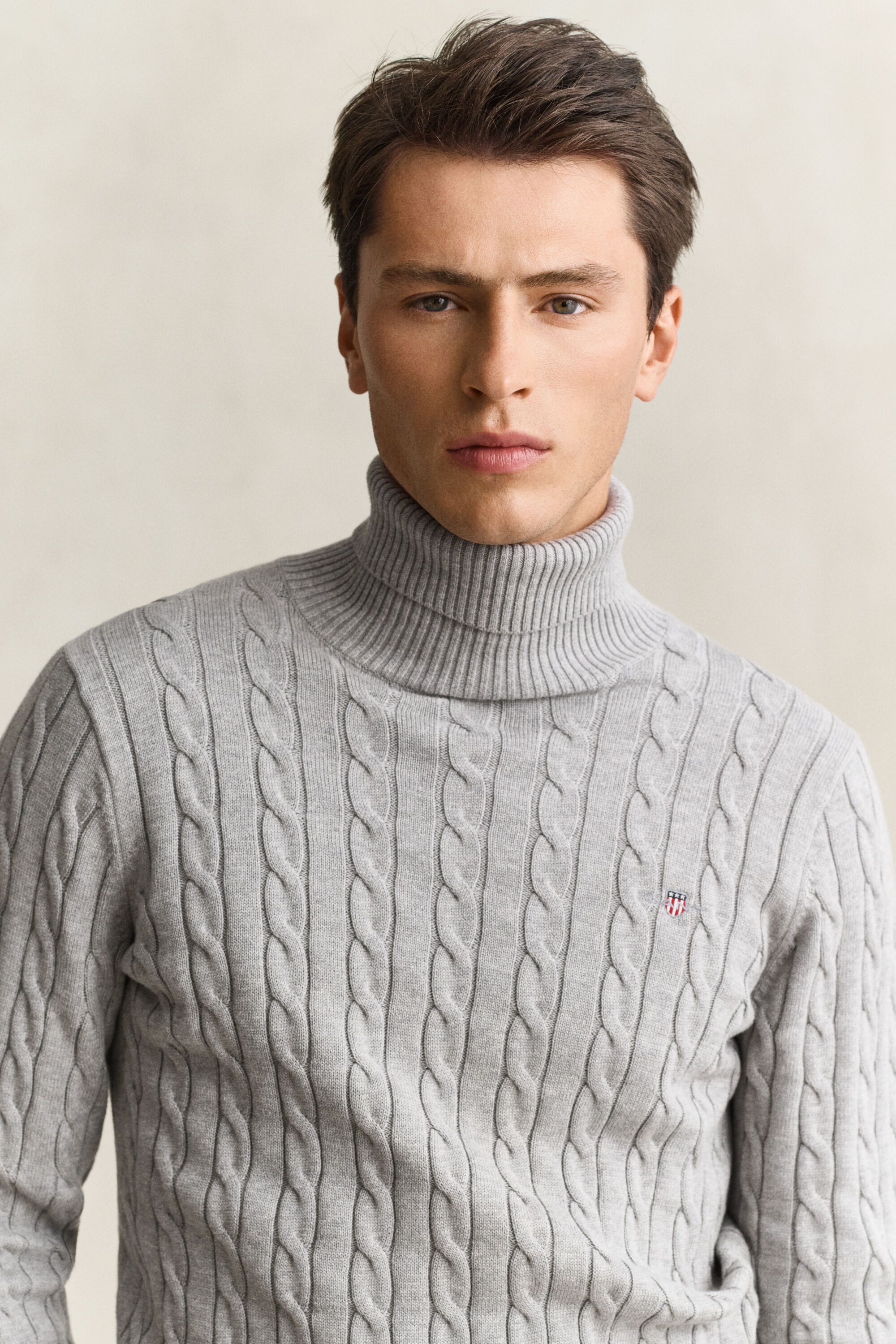 Cotton Cable Knit Turtleneck Sweater — GREY MELANGE
