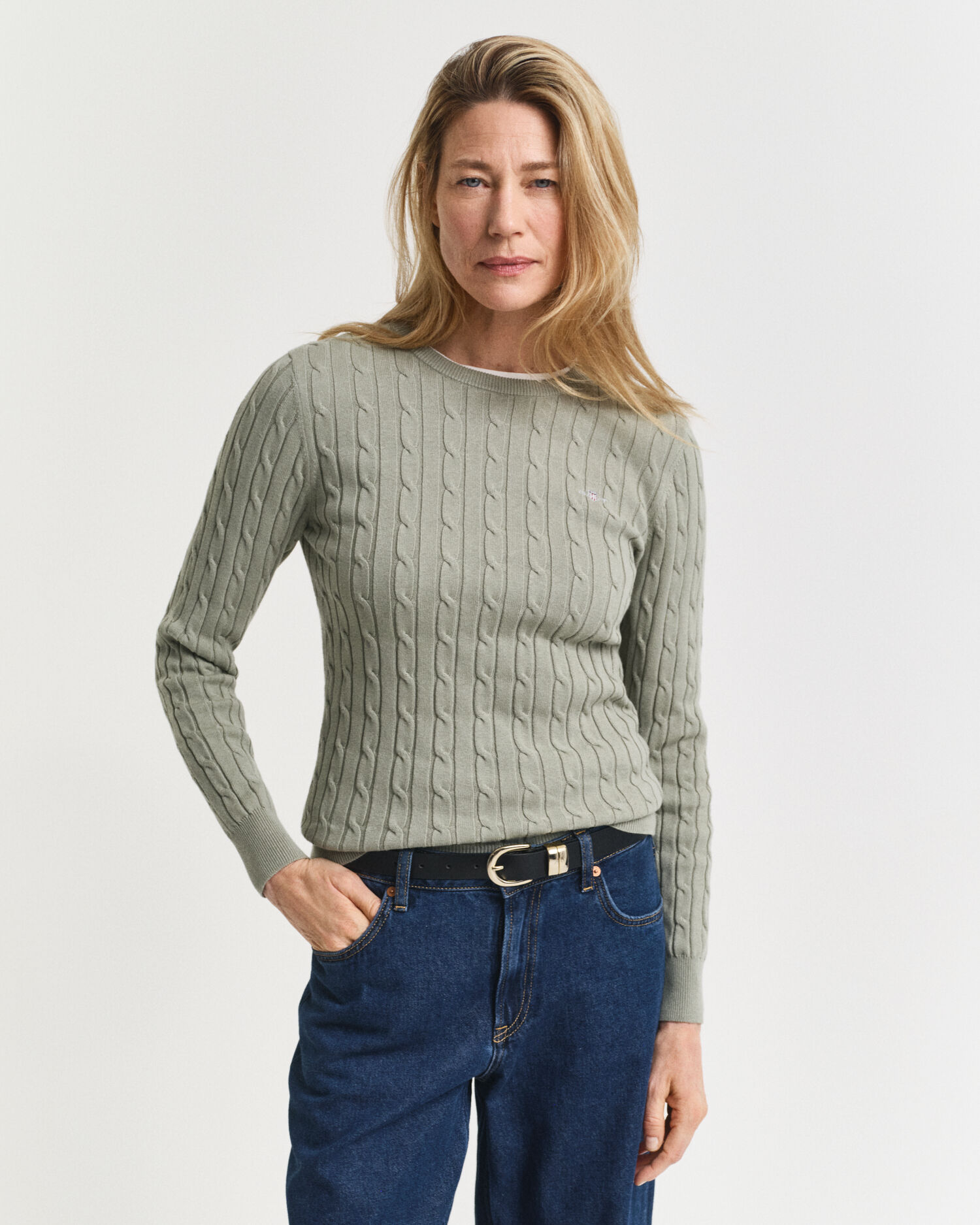 gant Stretch Cotton Cable Knit Crew Neck Sweater faded sage Online