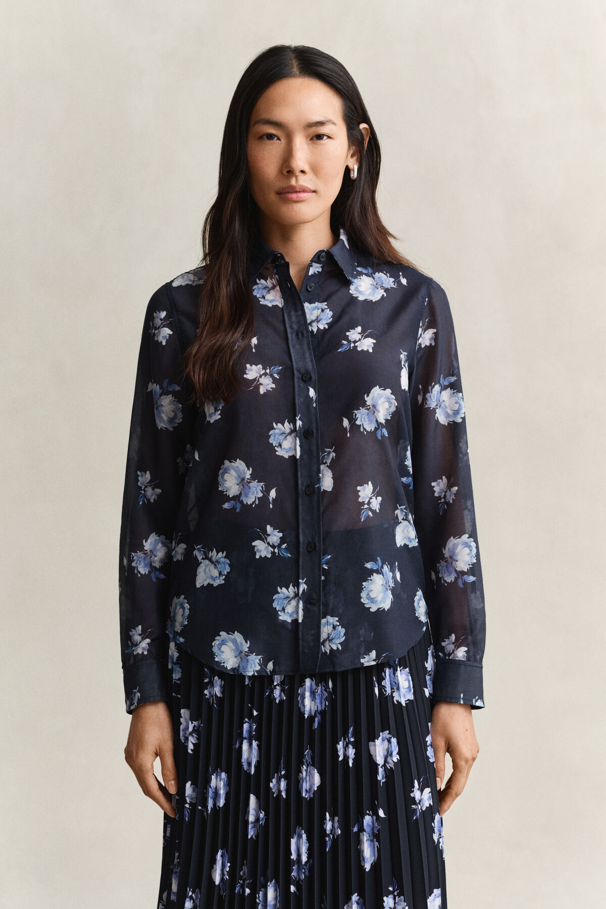 Floral Print Cotton Silk Shirt — EVENING BLUE