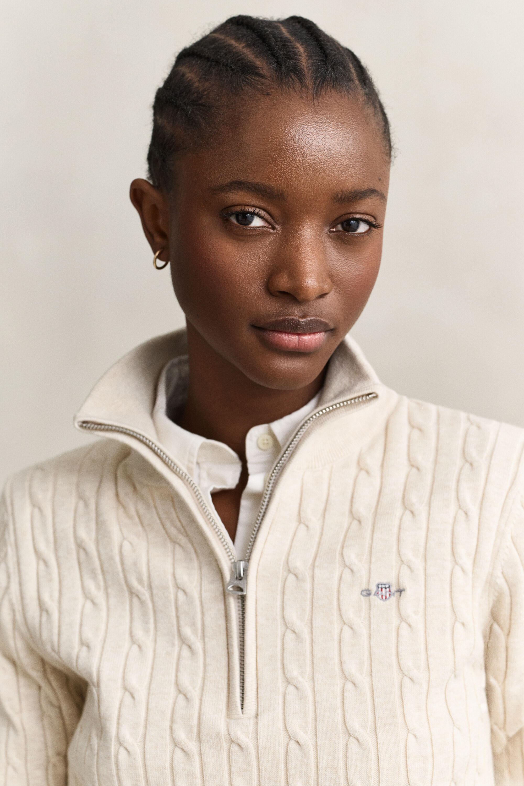 Stretch Cotton Cable Knit Half-Zip Sweater
