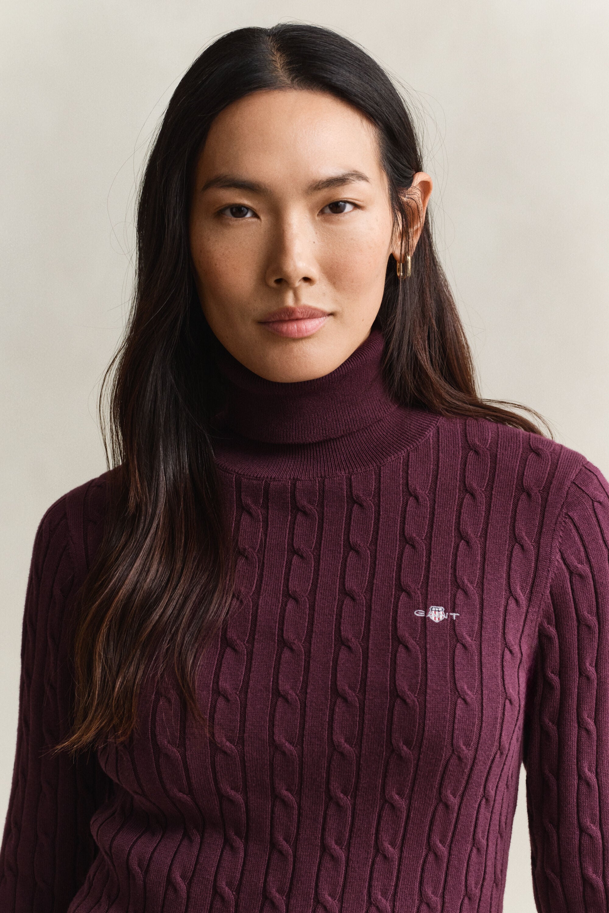Stretch Cotton Cable Knit Turtleneck Sweater