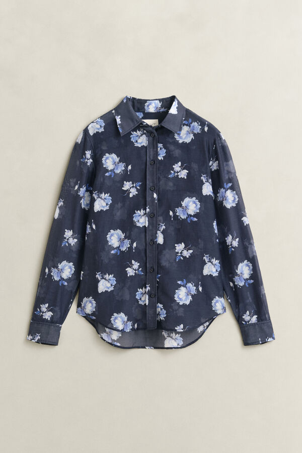 Floral Print Cotton Silk Shirt — EVENING BLUE