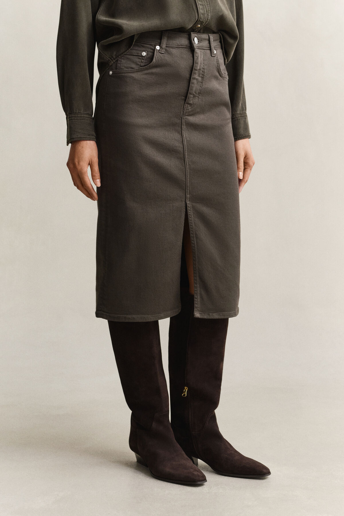 Twill Colored Pencil Skirt — DARK MOSS GREEN
