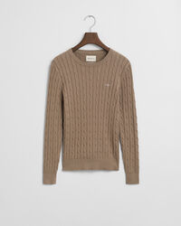 Stretch Cotton Cable Knit Crew Neck Sweater