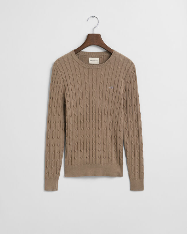 Stretch Cotton Cable Knit Crew Neck Sweater