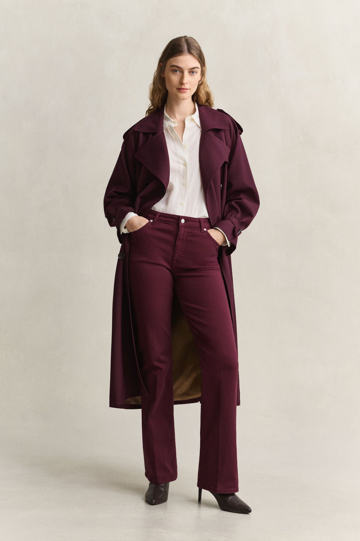 Wool Blend Trench Coat — DARKENED WINE