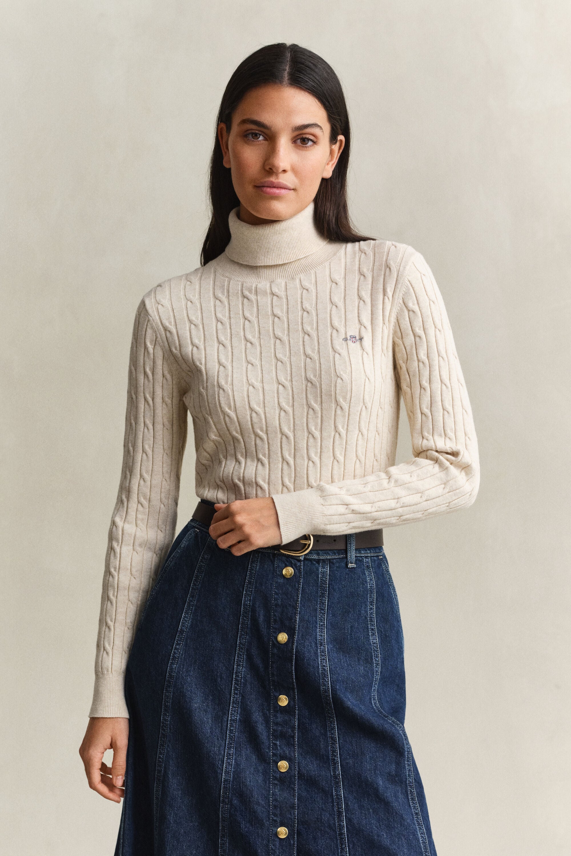 Stretch Cotton Cable Knit Turtleneck Sweater