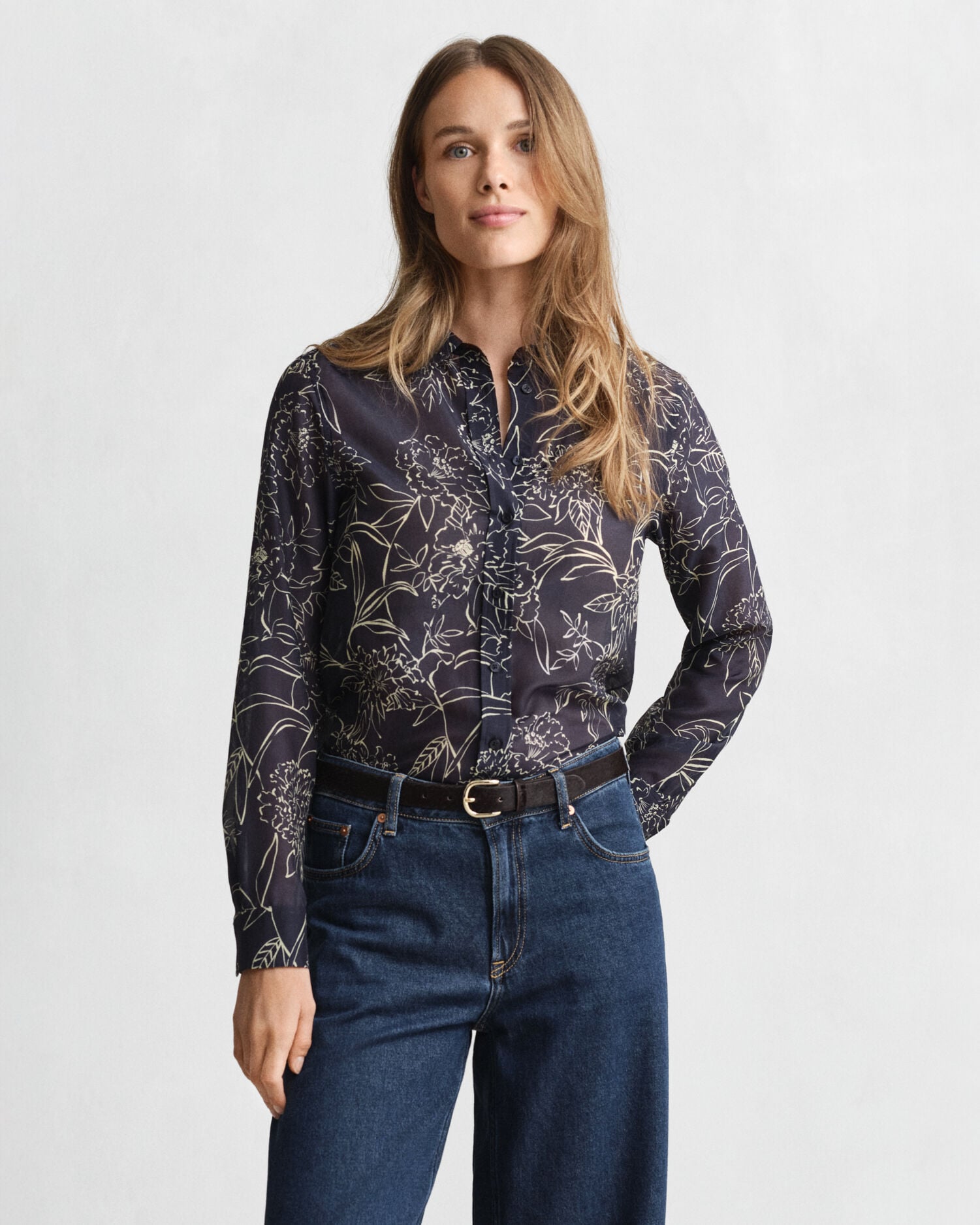 Regular Fit Floral Print Cotton Silk Shirt — EVENING BLUE