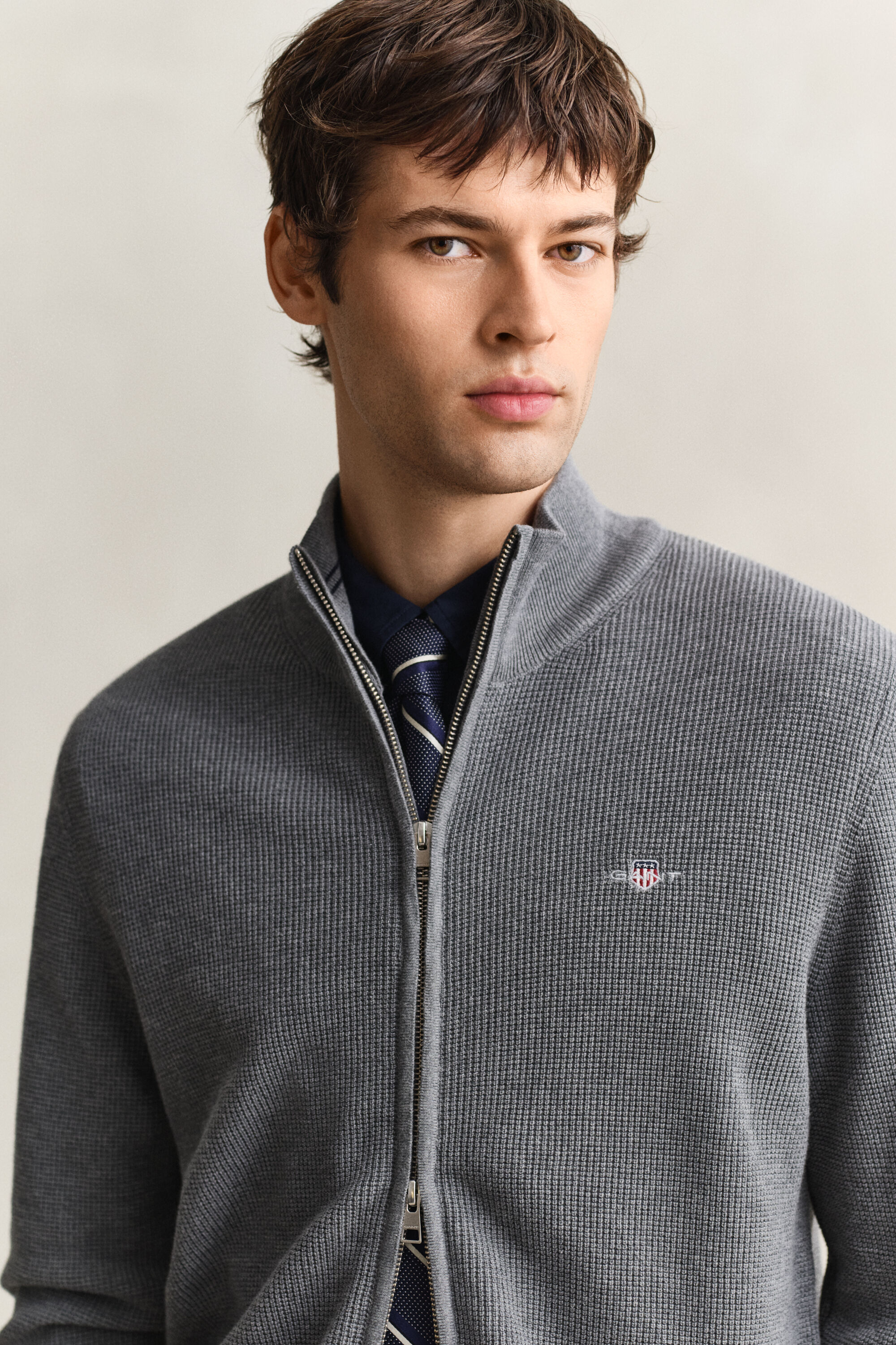 Textured Cotton Zip Cardigan