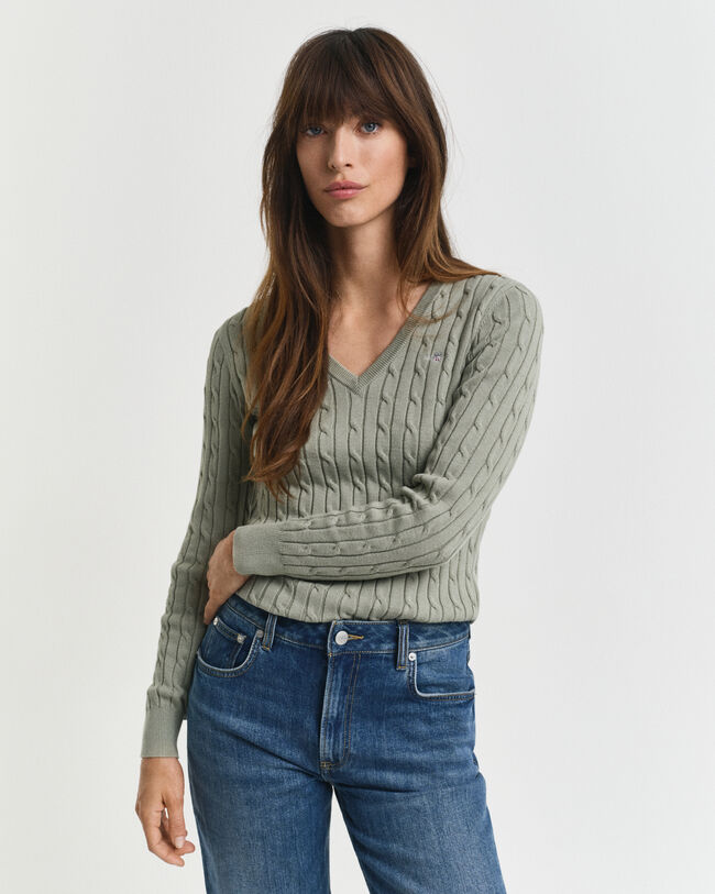 Stretch Cotton Cable Knit V-Neck Sweater