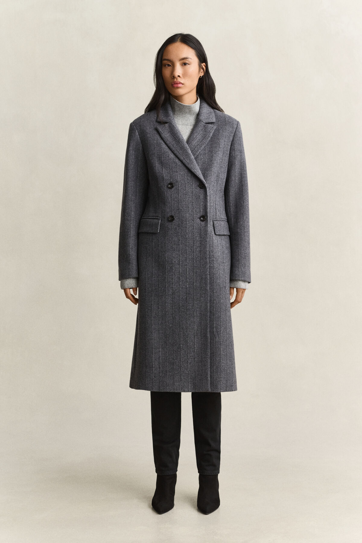 Striped Wool Blend Coat — CHARCOAL MELANGE