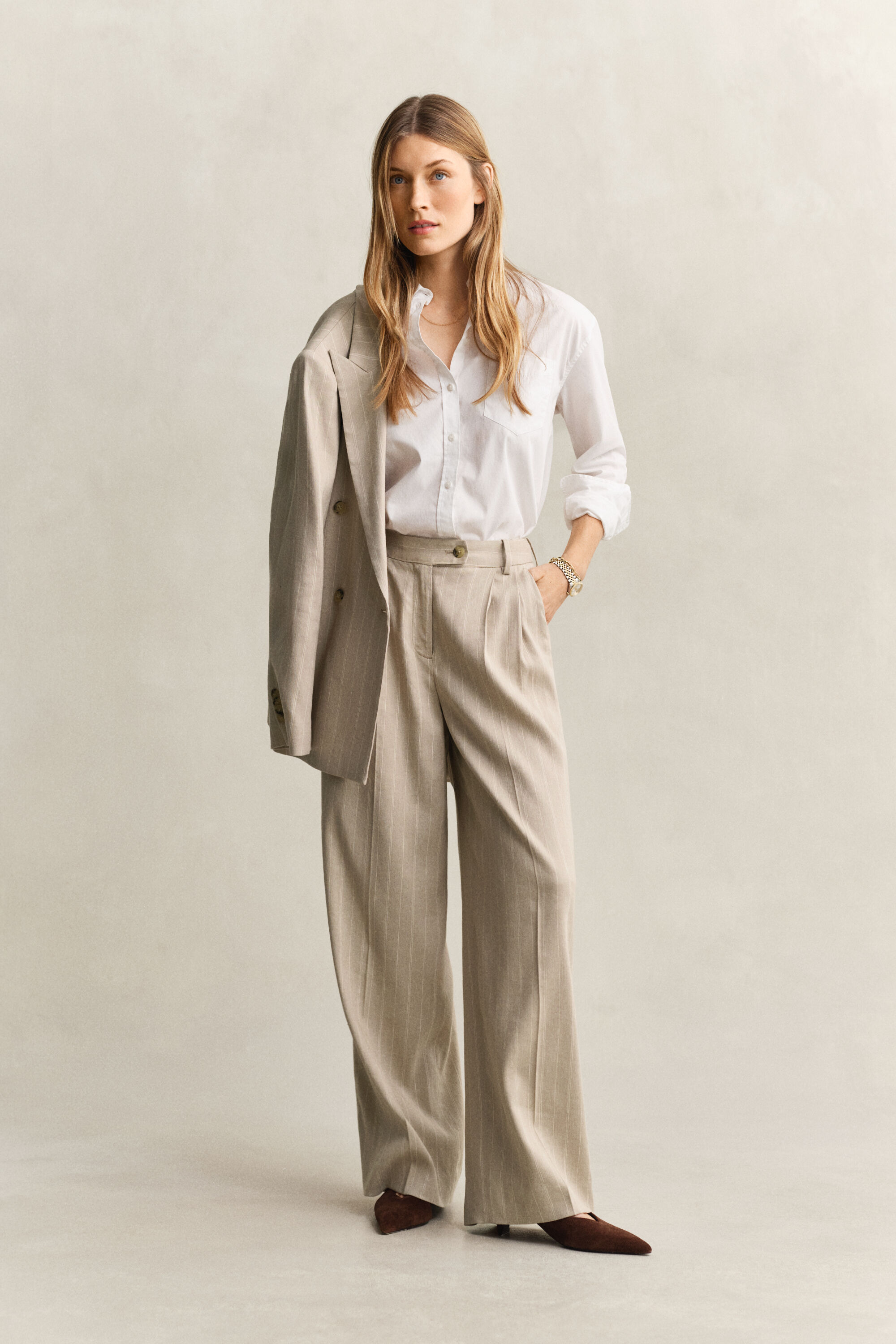 Pinstriped Linen Blend Pants