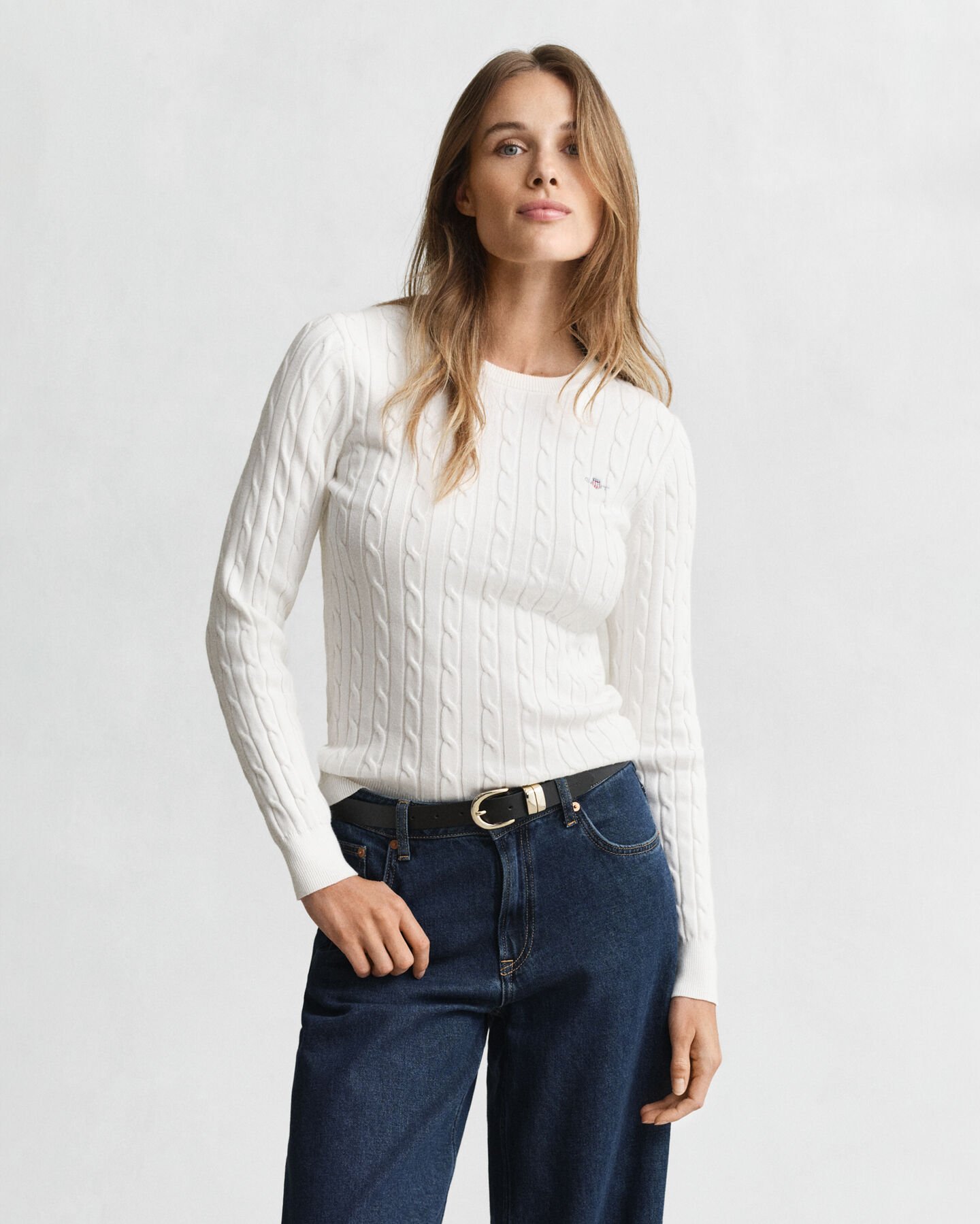 Stretch Cotton Cable Knit Crew Neck Sweater