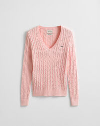 Stretch Cotton Cable Knit V-Neck Sweater