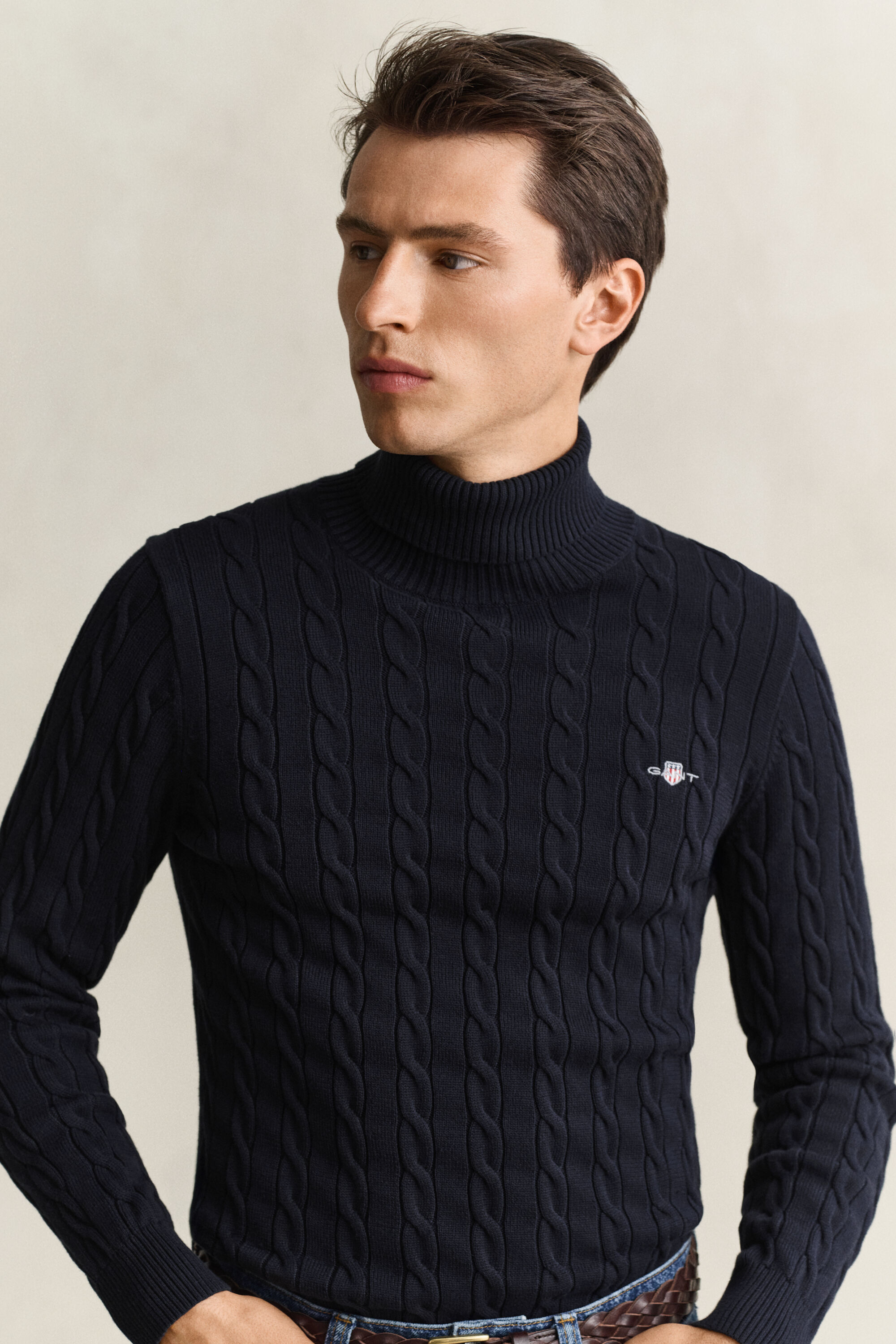 Cotton Cable Knit Turtleneck Sweater — EVENING BLUE