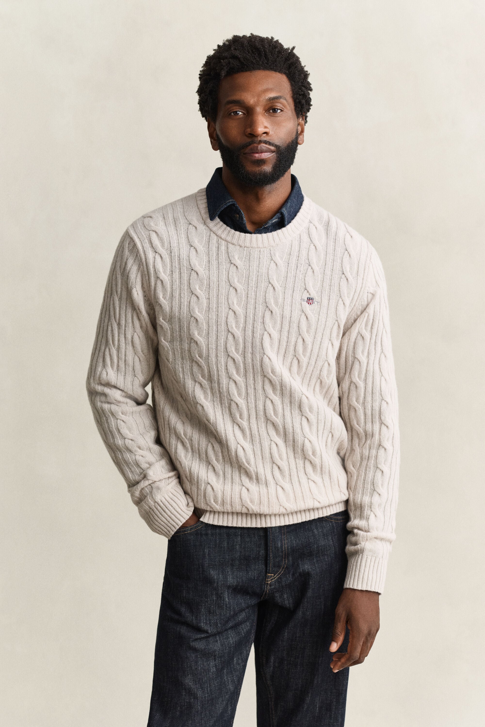 Lambswool Cable Knit Crew Neck Sweater — CLAY BEIGE