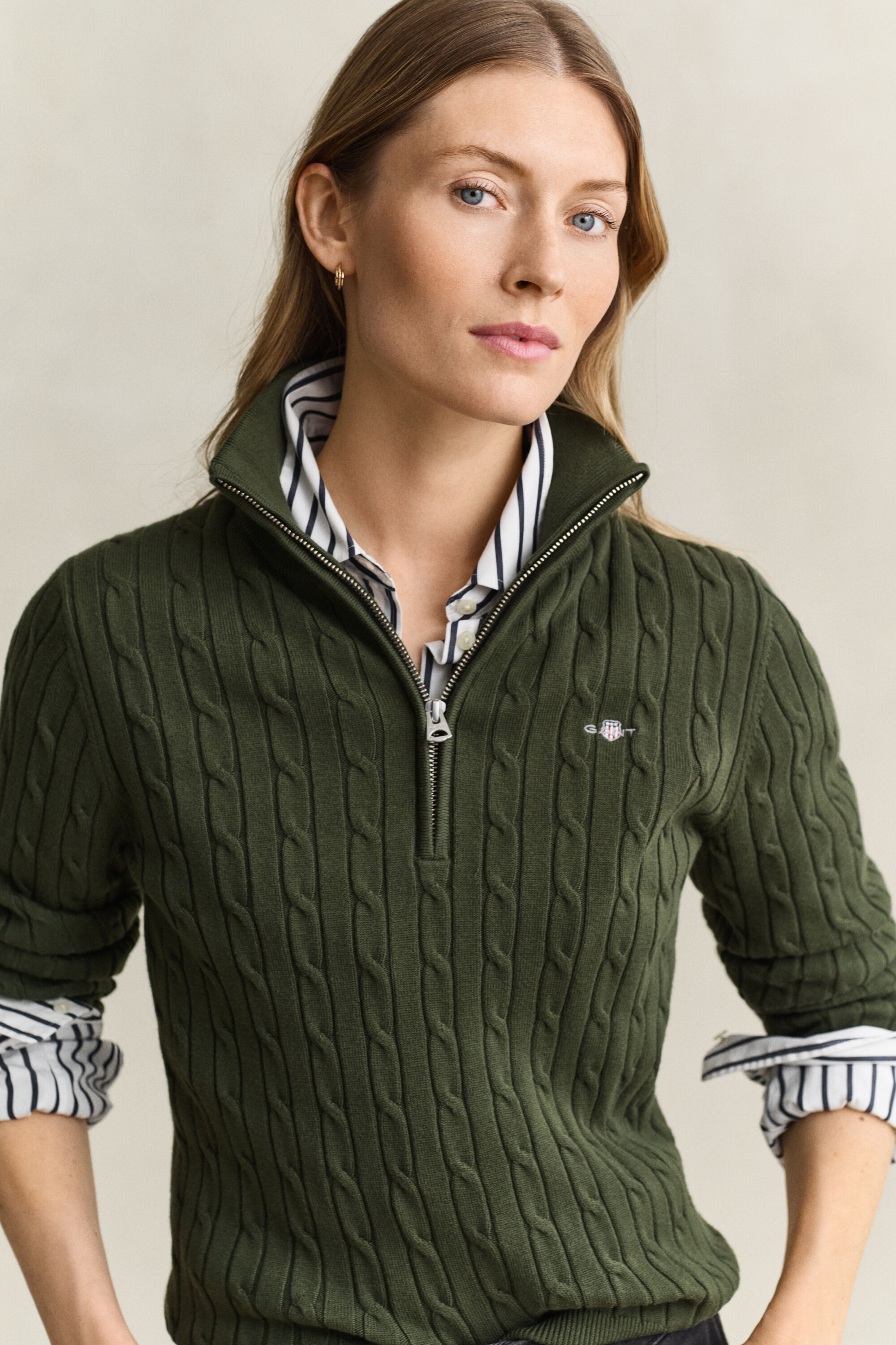 Stretch Cable Knit Half-Zip Sweater