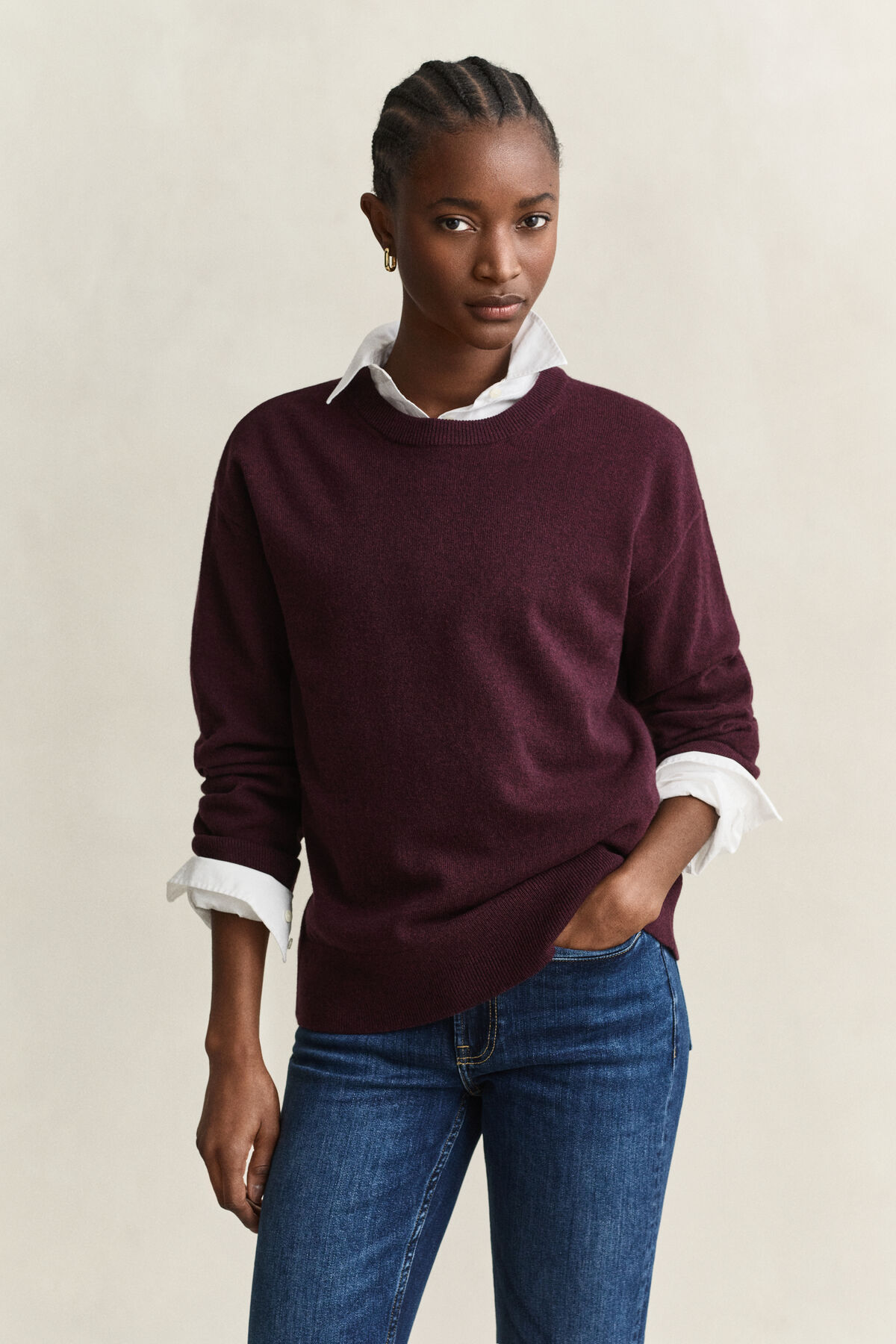 Superfine Lambswool Crew Neck Sweater — DARKENED WINE
