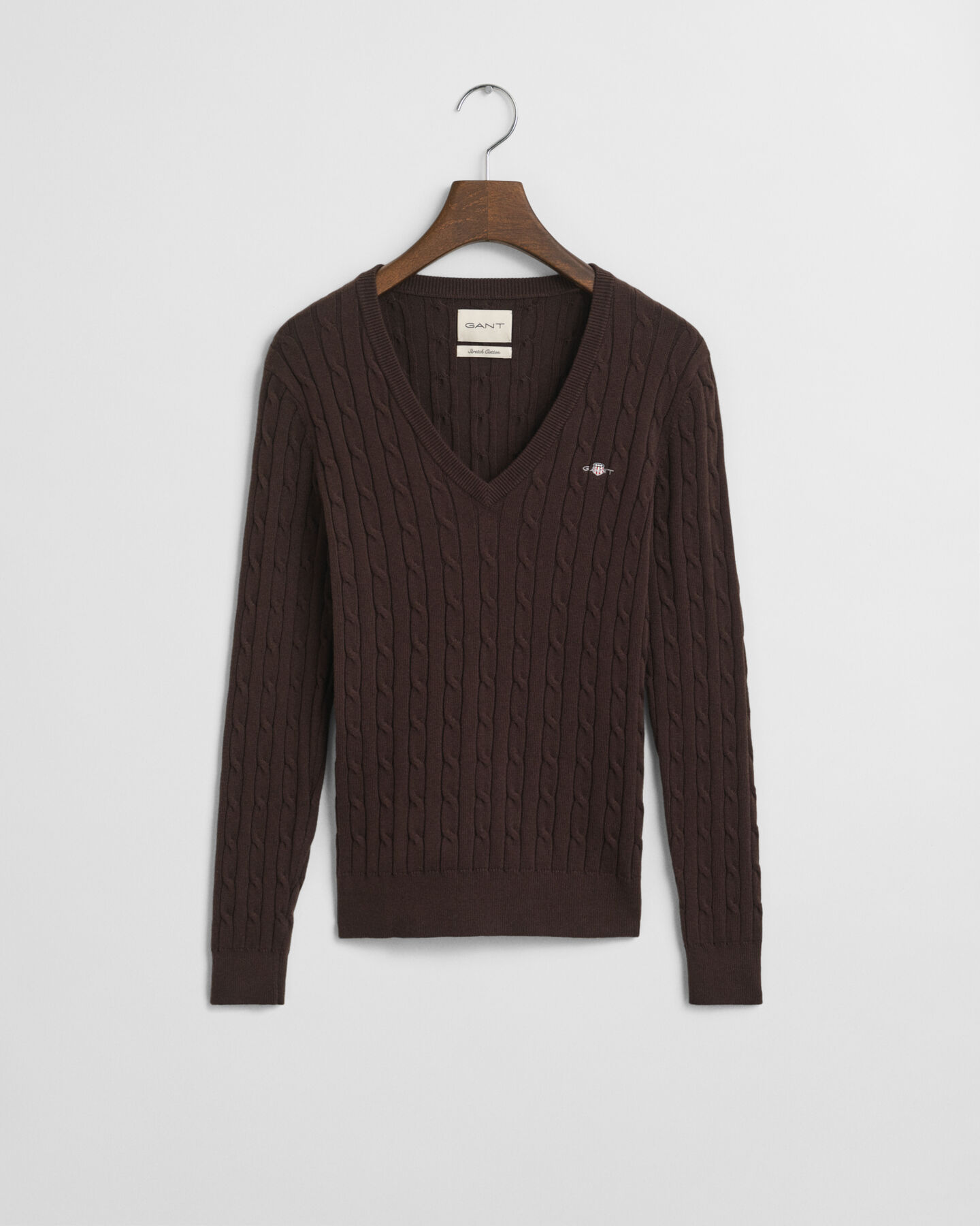 Stretch Cotton Cable Knit V-Neck Sweater