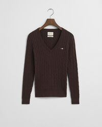 Stretch Cotton Cable Knit V-Neck Sweater