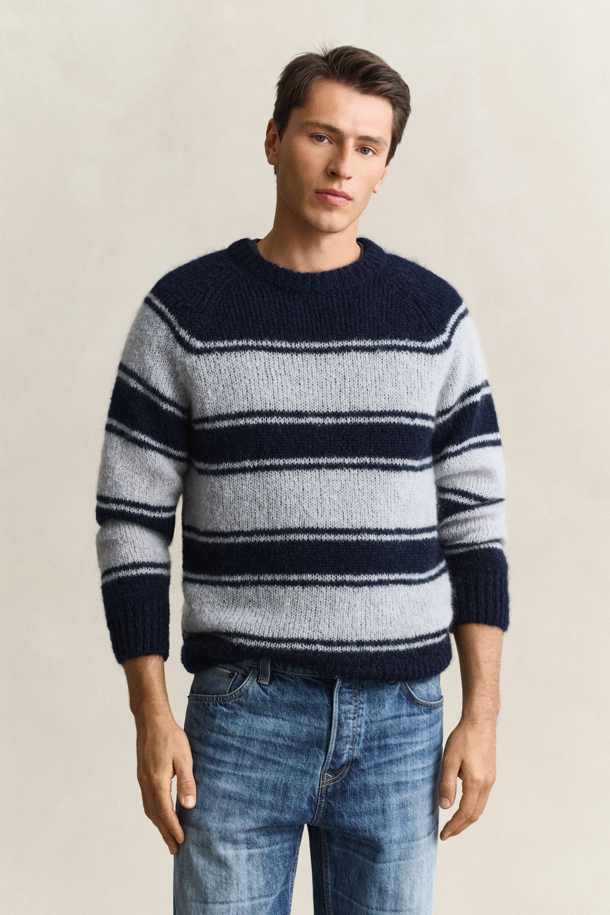 Striped Mohair Blend Crew Neck Sweater — EVENING BLUE