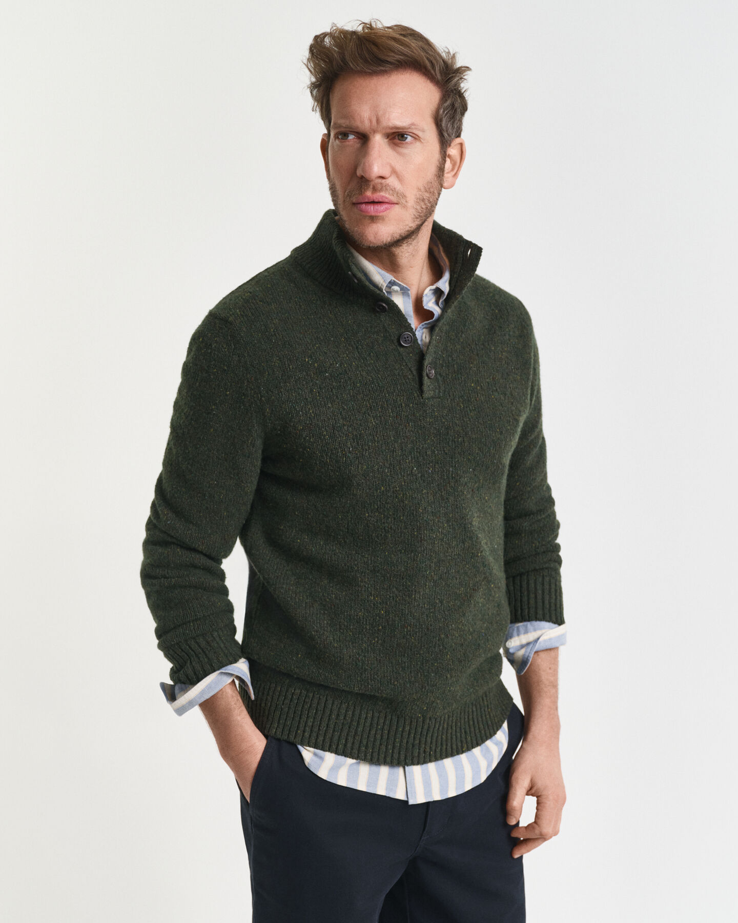Wool Blend Nepps Half-Buttoned Sweater