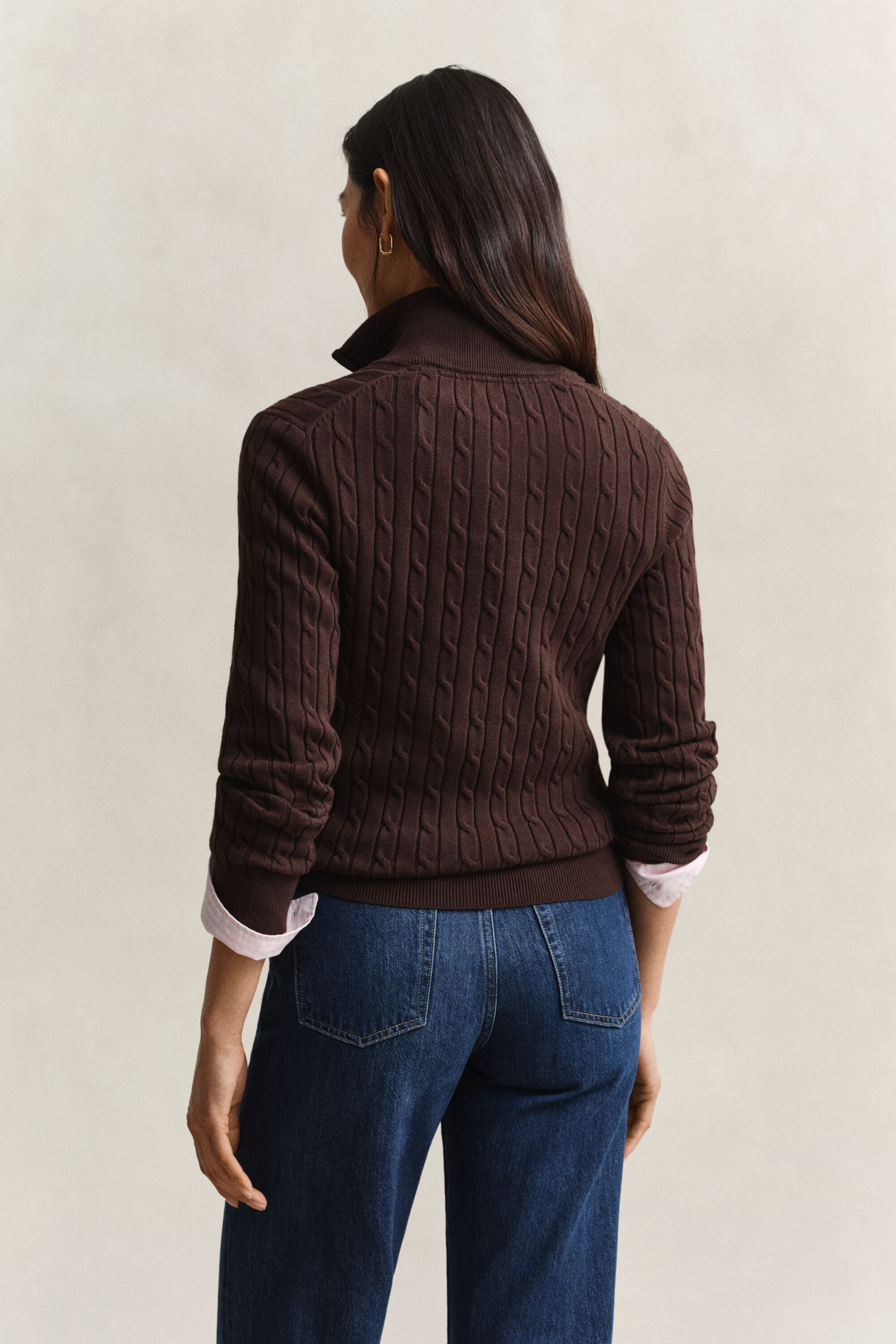 Stretch Cotton Cable Knit Half-Zip Sweater