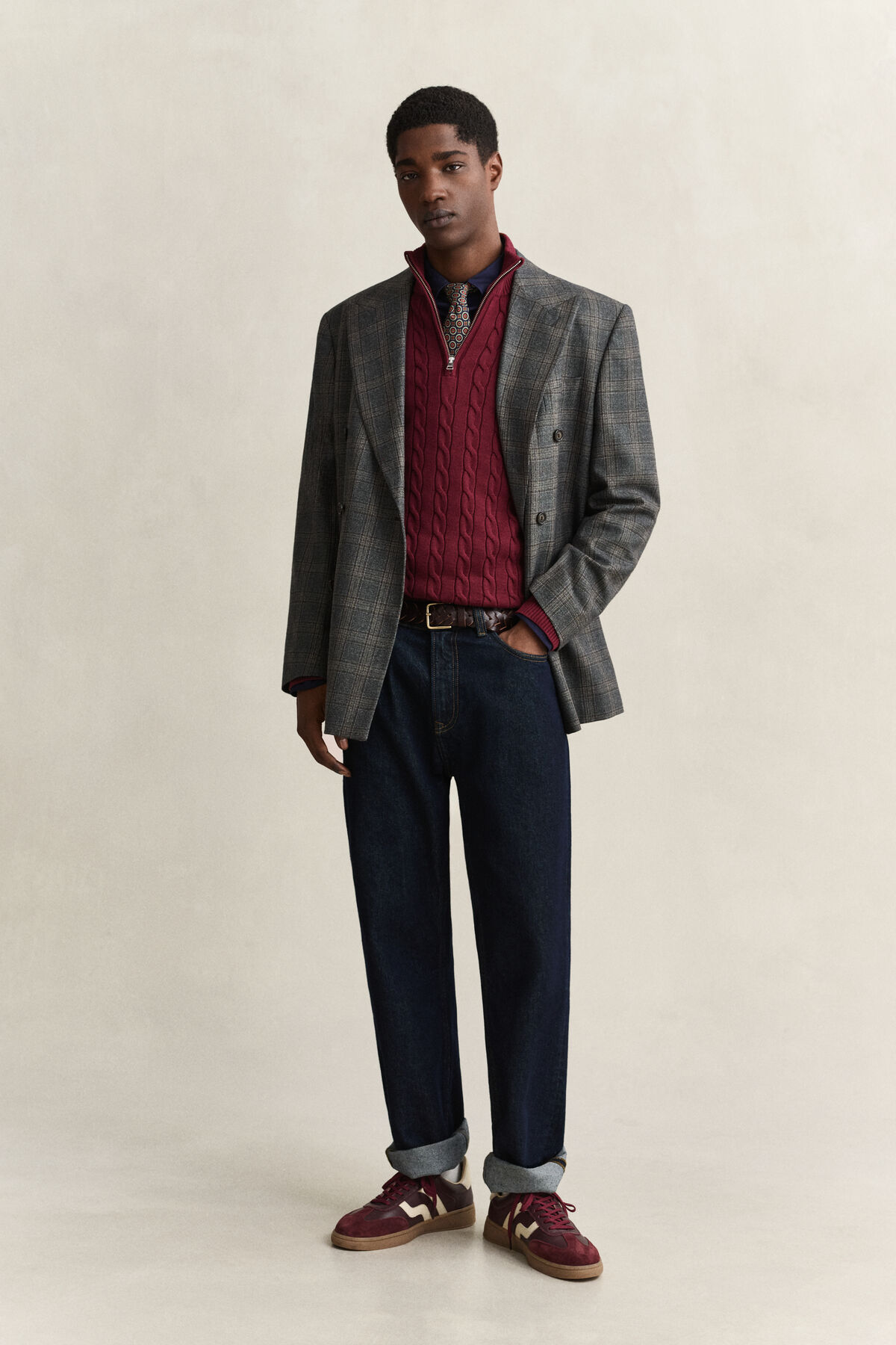 Cotton Cable Knit Half-Zip Sweater — DEEP GRAPE WINE