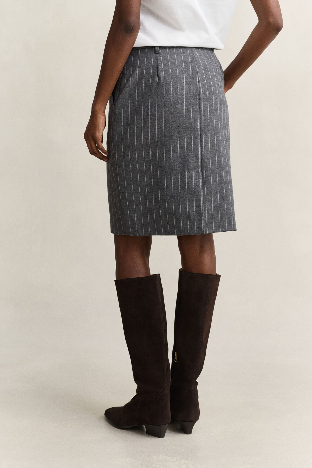 Pinstriped Wool Pencil Skirt — CHARCOAL MELANGE