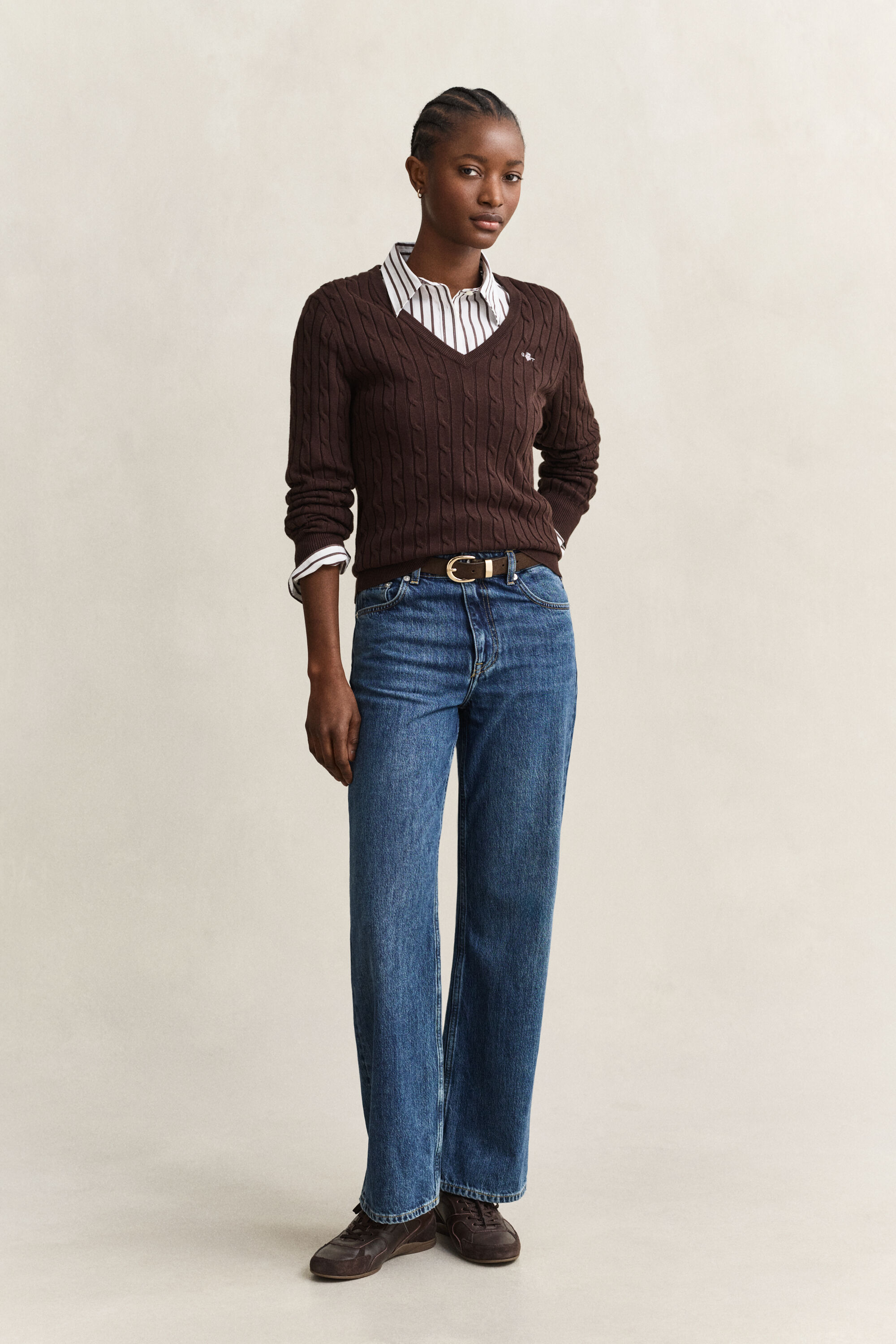 Stretch Cotton Cable Knit V-Neck Sweater
