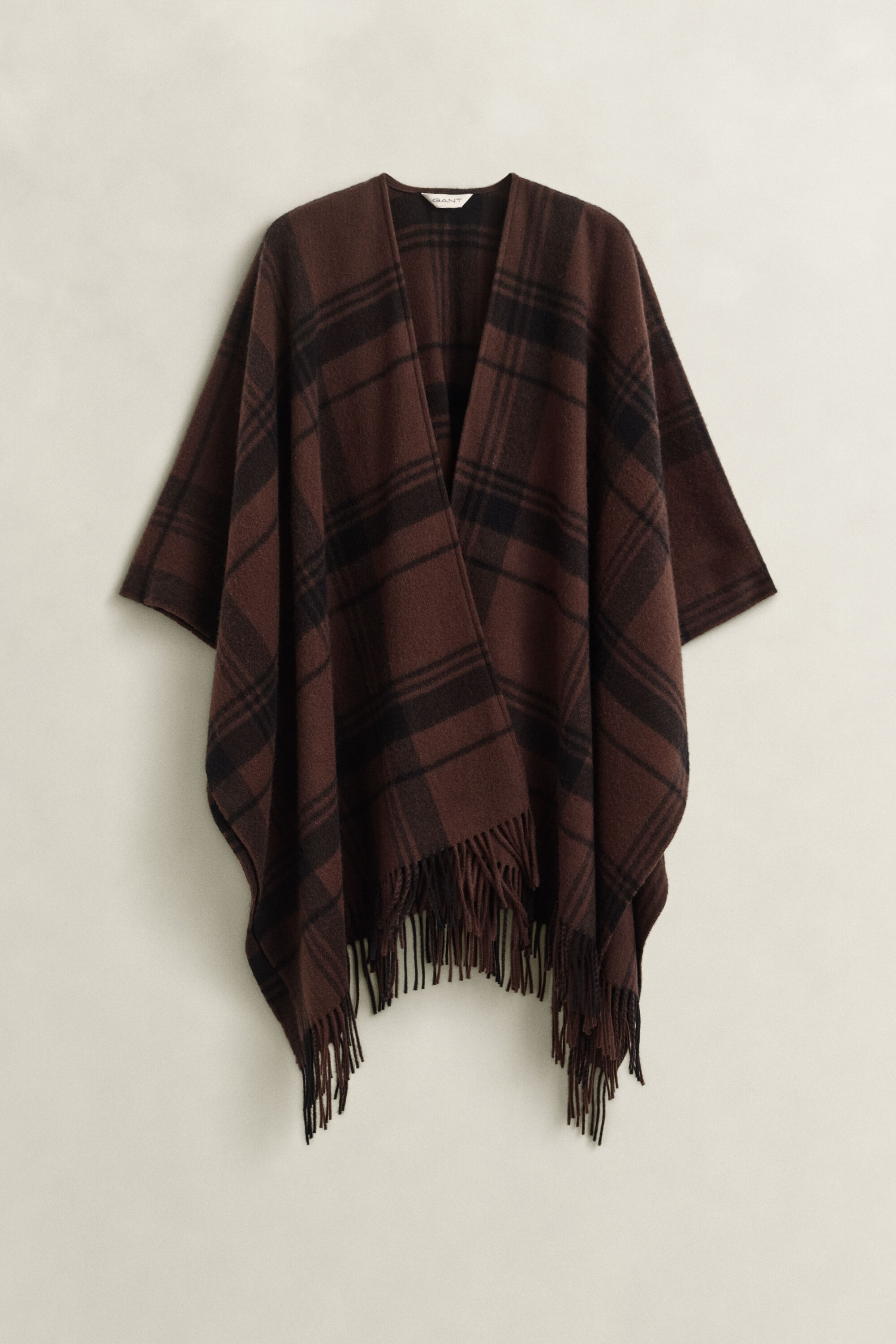 Checked Wool Poncho — DEEP BROWN