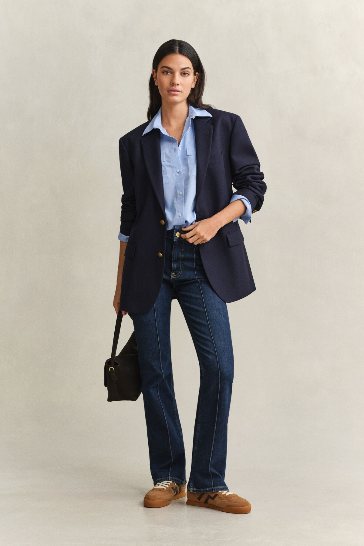 Slim Flared Pintuck Jeans — DARK BLUE BROKEN IN