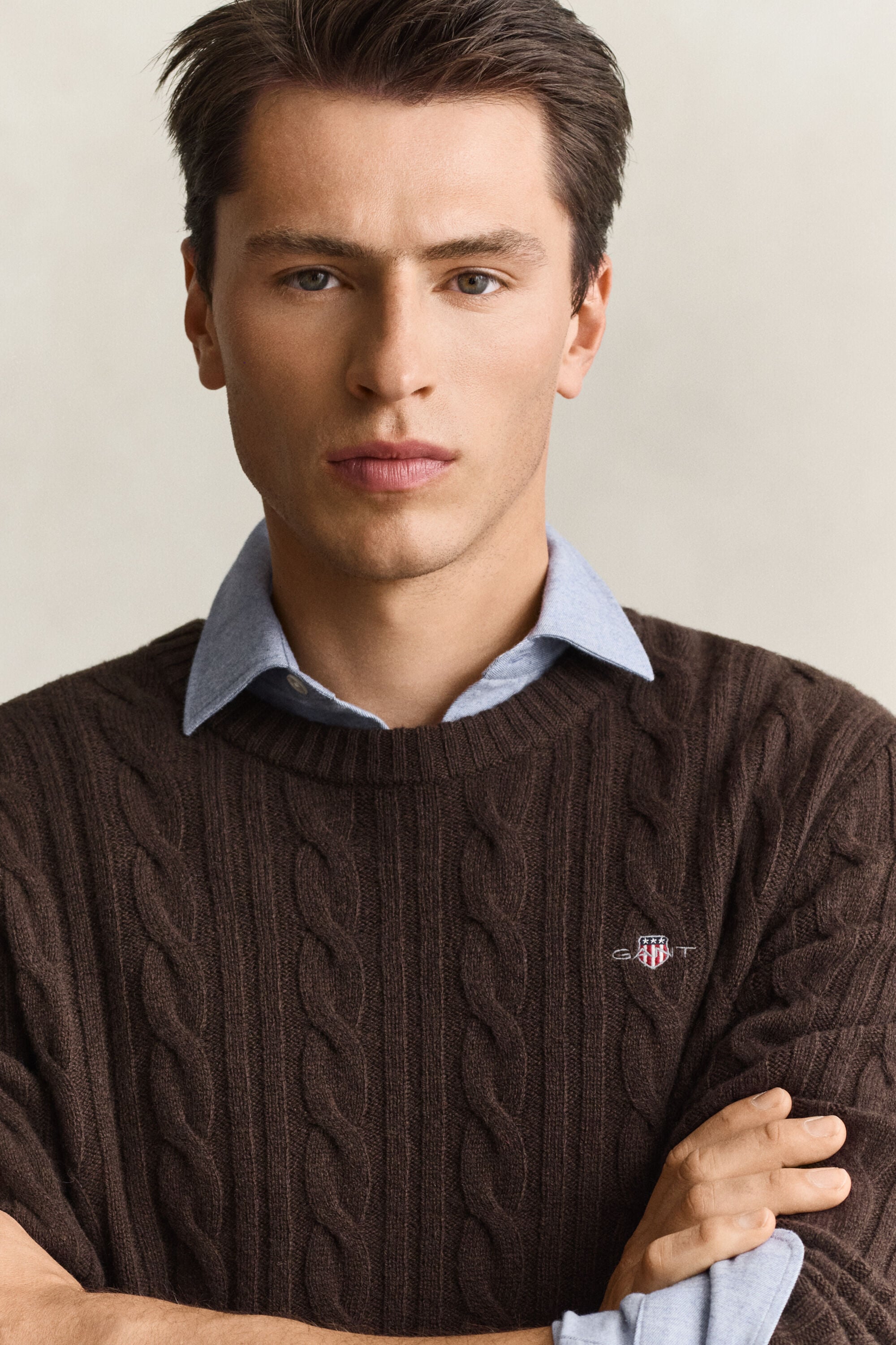 Lambswool Cable Knit Crew Neck Sweater — BLACK BROWN