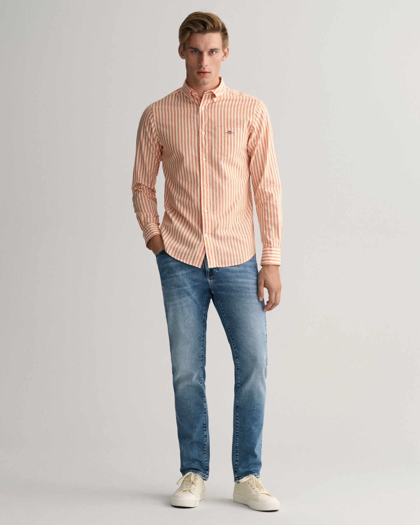 Regular Fit - orange Linen Cotton apricot Shirt Striped