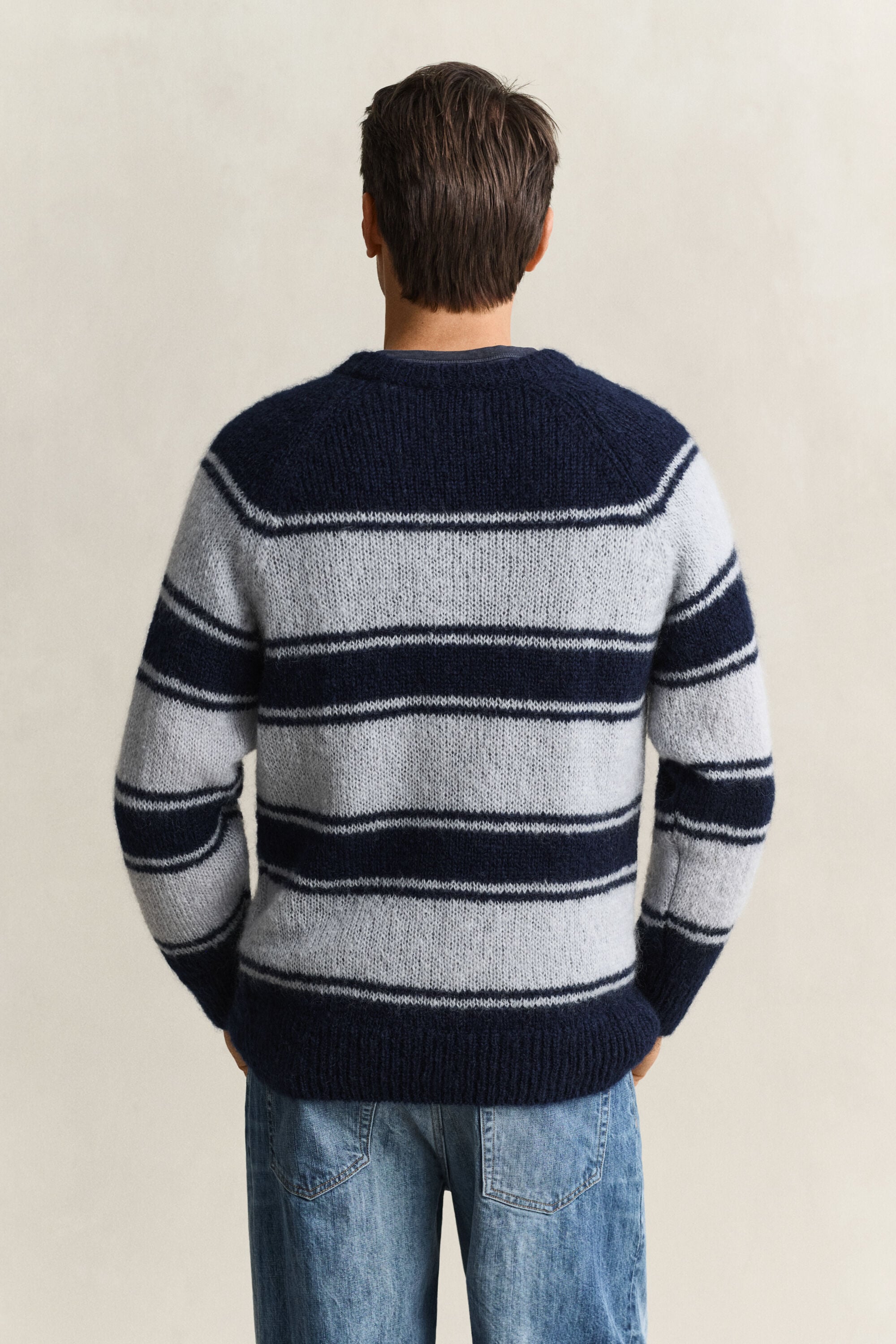 Striped Mohair Blend Crew Neck Sweater — EVENING BLUE