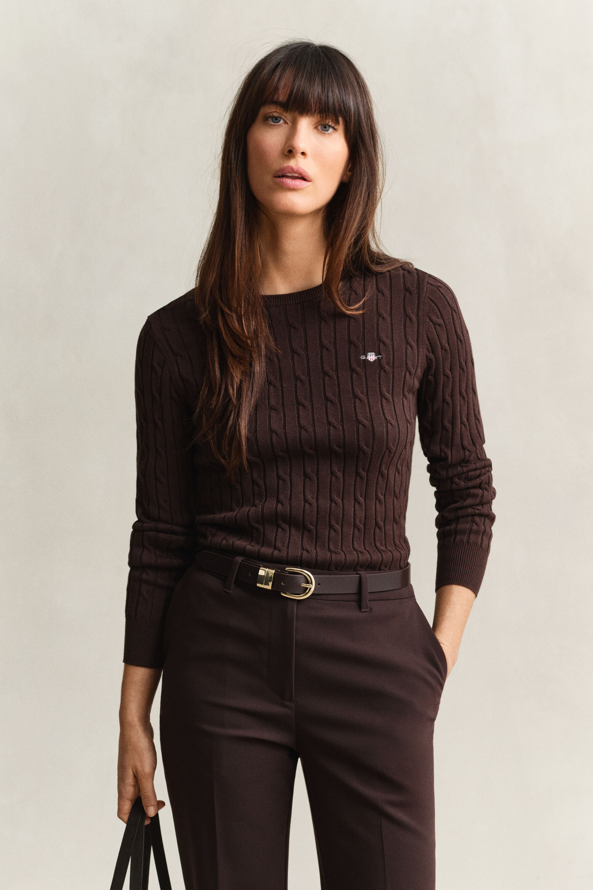 Stretch Cotton Cable Knit Crew Neck Sweater
