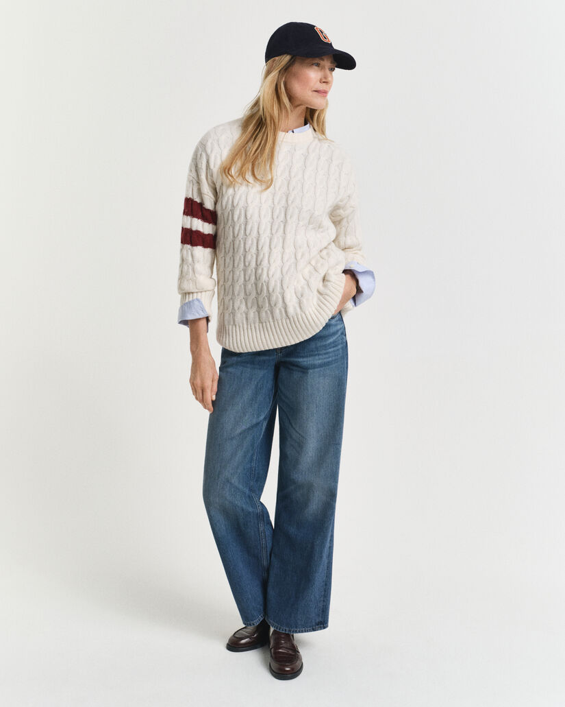 Contrast Striped Cable Knit Crew Neck Sweater