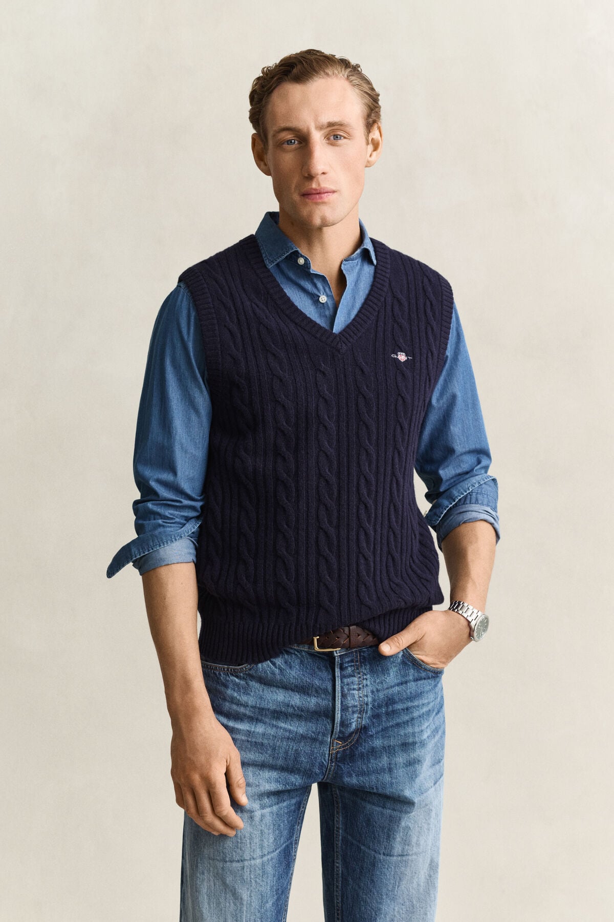 Lambswool Cable Knit Vest — EVENING BLUE