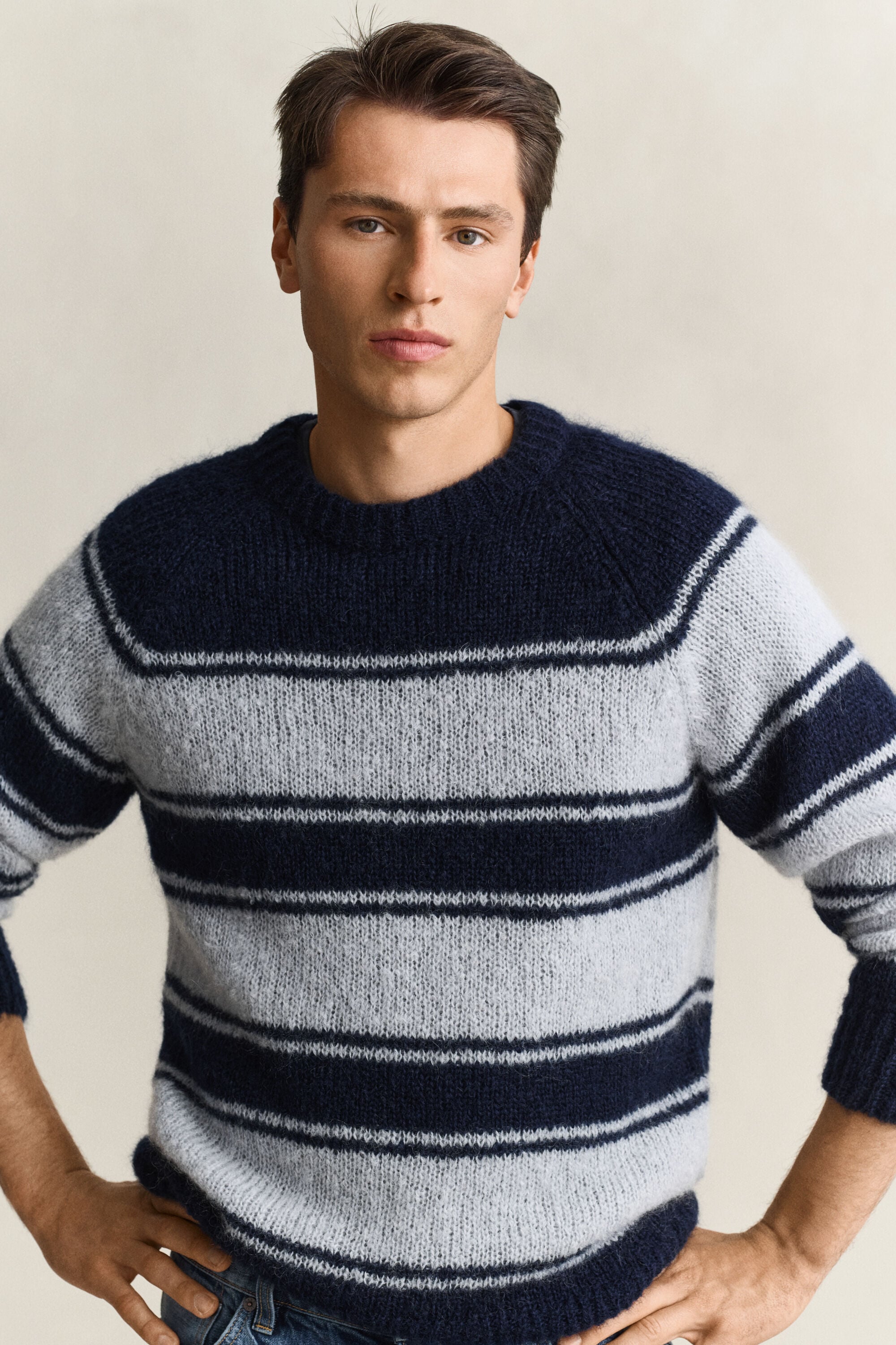 Striped Mohair Blend Crew Neck Sweater — EVENING BLUE