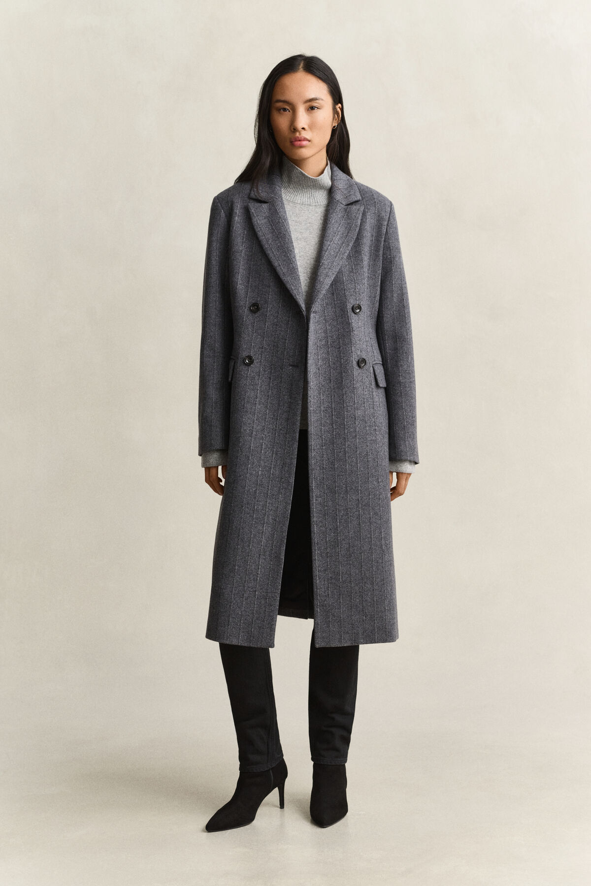 Striped Wool Blend Coat — CHARCOAL MELANGE