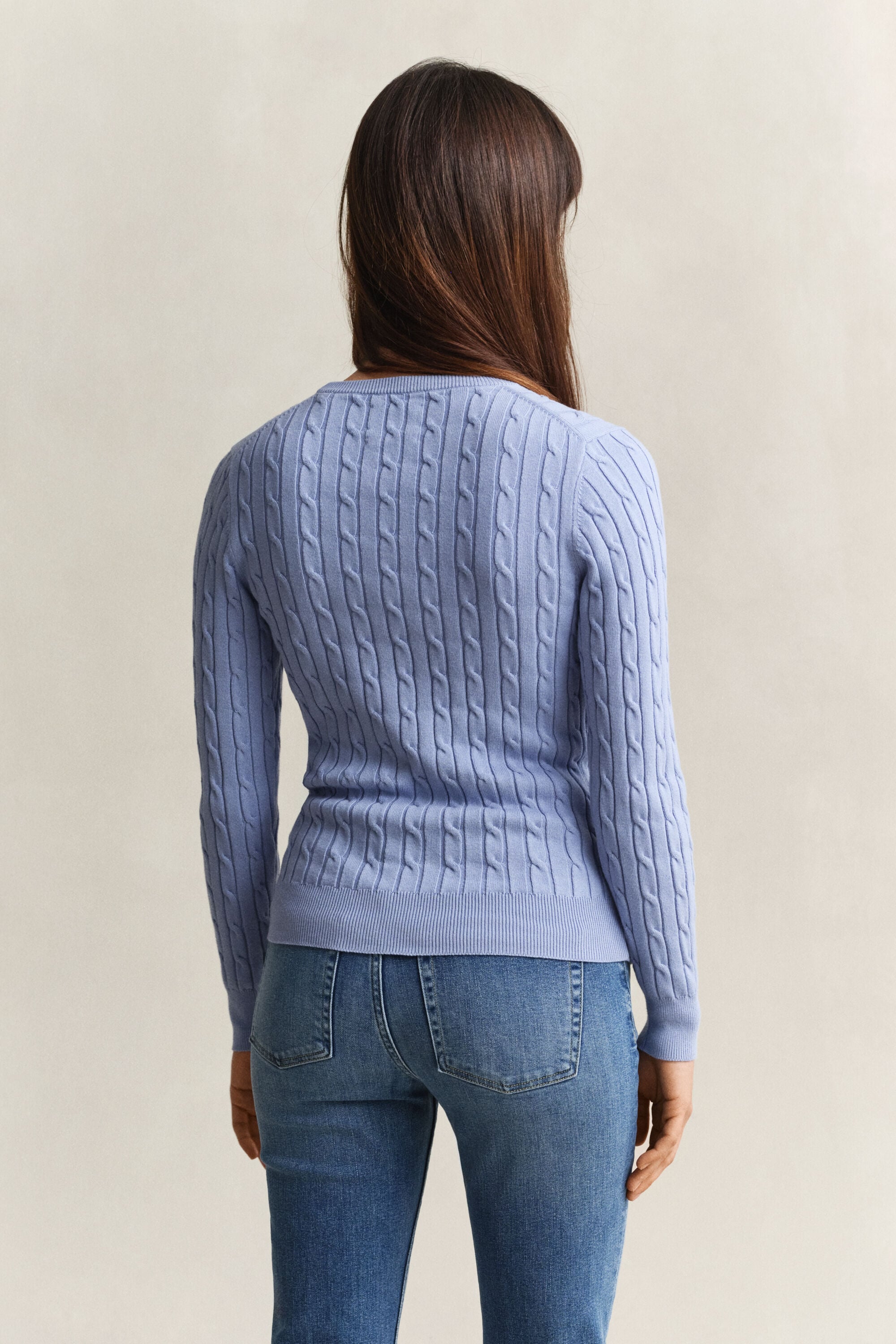 Stretch Cotton Cable Knit Crew Neck Sweater