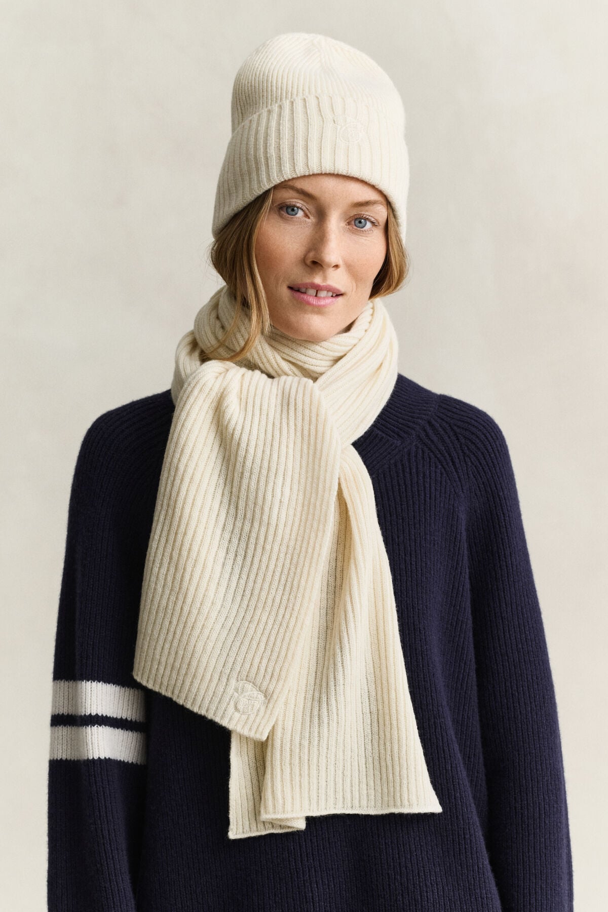 Embroidered Scarf & Beanie Gift Set — CREAM