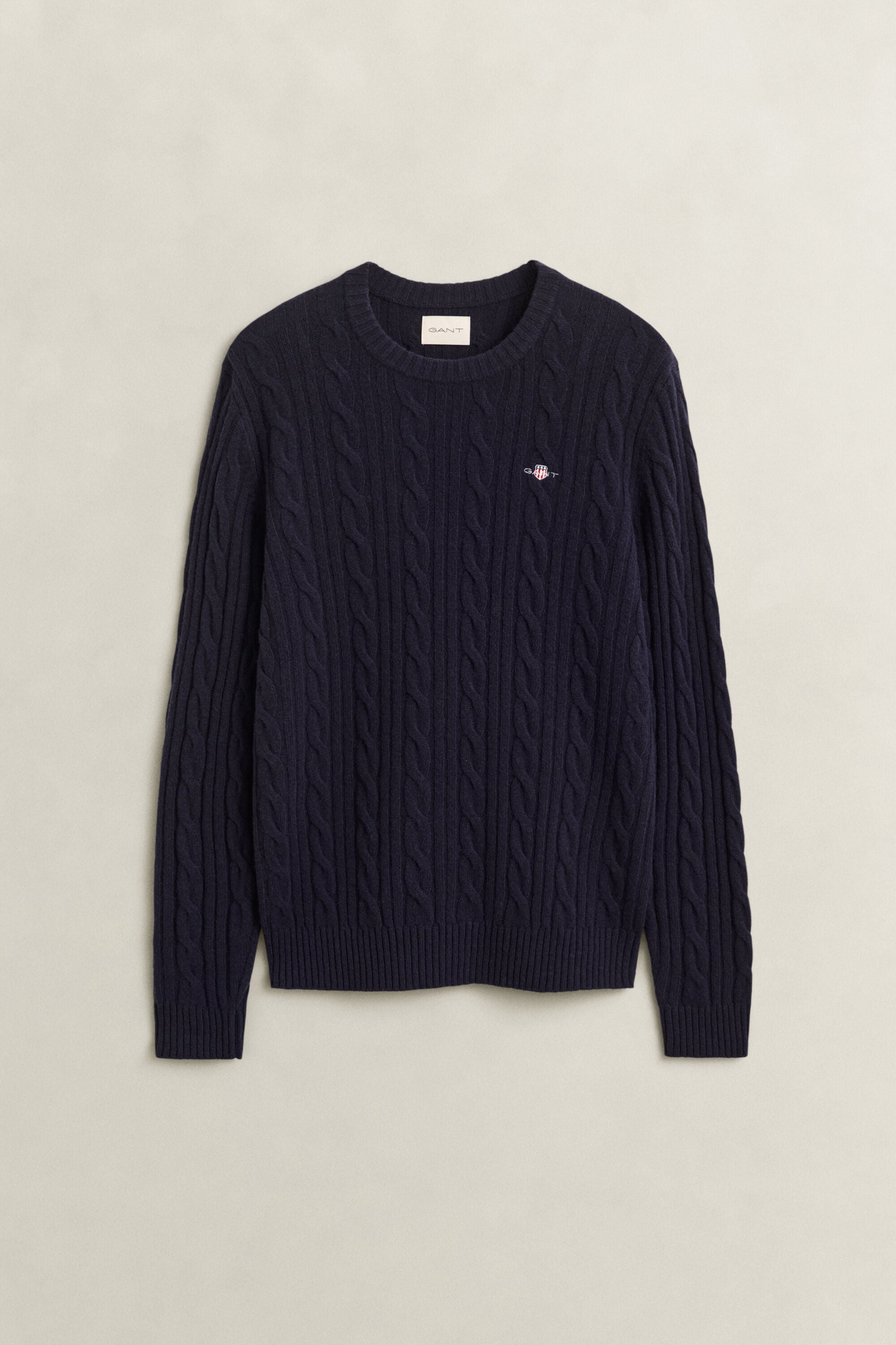 Lambswool Cable Knit Crew Neck Sweater — EVENING BLUE