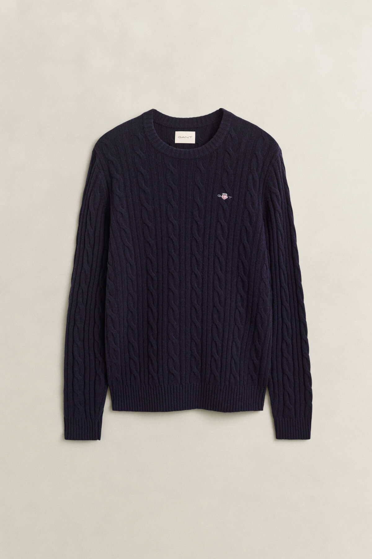 Lambswool Cable Knit Crew Neck Sweater — EVENING BLUE