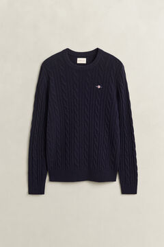 Lambswool Cable Knit Crew Neck Sweater — EVENING BLUE 1